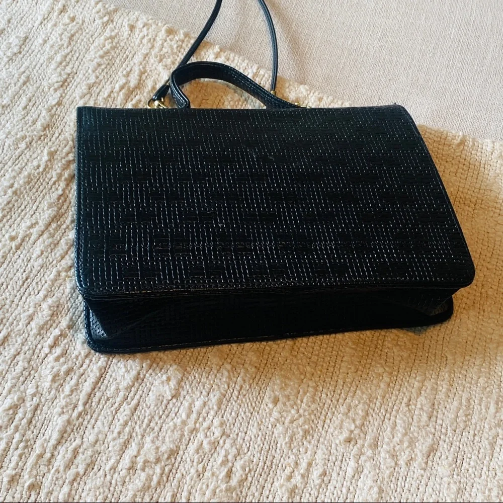 Vintage Black Woven Texture Briefcase W Gold Brass Closure